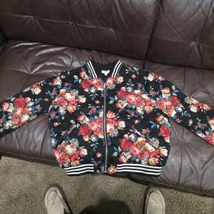 Umgee Black Quilted Floral Bomber Jacket with Red & Cream Flowers
